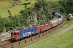 Lokomotiva: Re 6/6 11658 ( Re 620.058-8 ) + Re 4/4 11262 | Vlak: DG 54924 | Msto a datum: Wassen 20.06.2006