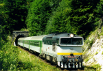 Lokomotiva: 754.033-9 | Vlak: Ex 143 Detvan ( Praha hl.n. - Zvolen os.st. ) | Msto a datum: Harmanec jask. 07.08.1998