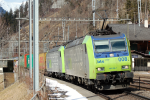 Lokomotiva: Re 485.008-7 + Re 485.005-1 | Vlak: DG 45638 | Místo a datum: Blausee-Mitholz 15.03.2006